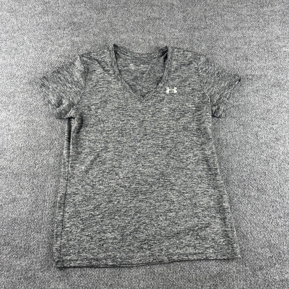 Under Armour Shirt Womens S Gray V Neck Short Sleeve HeatGear Athletic Logo Tee